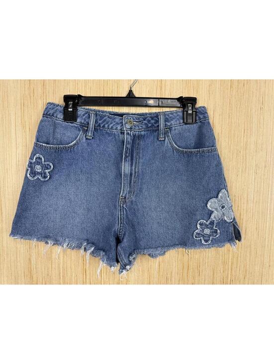 Hollister Pants - Hollister Mom Shorts Juniors 5 Blue High Rise Denim Flower Patch Cutoff Raw Hem